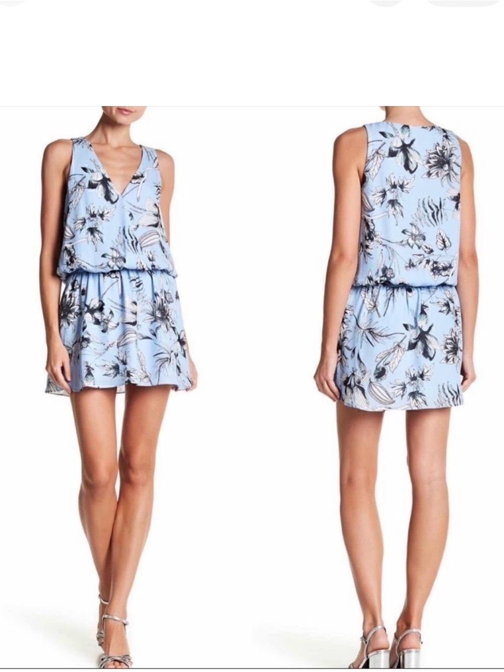 Parker Pale Blue Floral V-Neck Sleeveless Mini Dress
